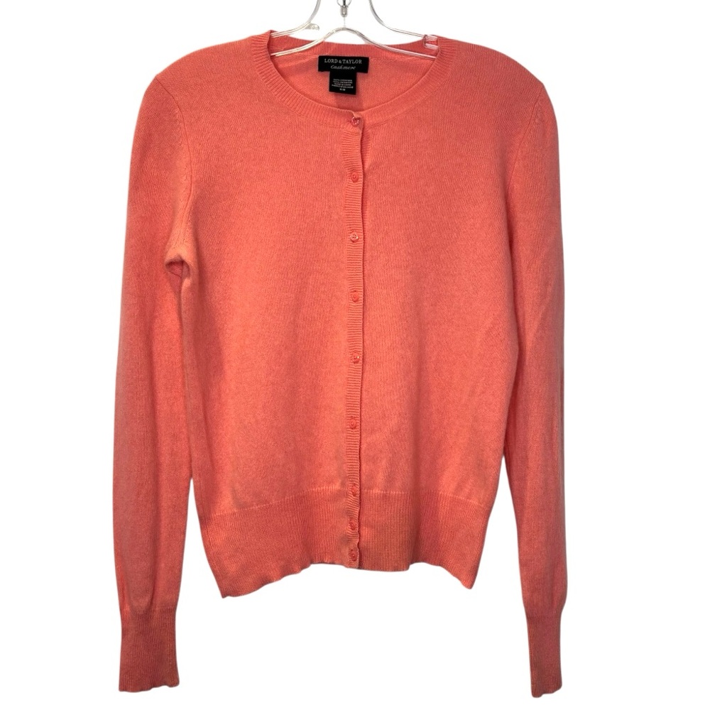 Lord & Taylor Coral Button-Front Cashmere Cardigan